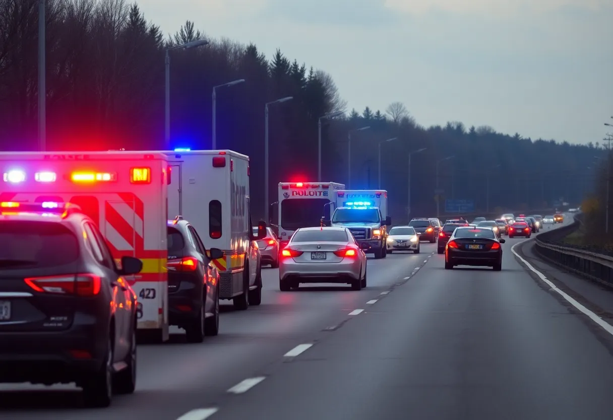 Emergency vehicles at a fatal crash site on Loop 1604