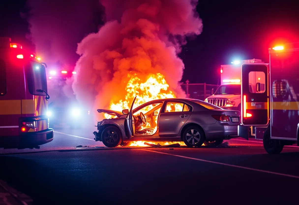 A car engulfed in flames after a high-speed crash on Thousand Oaks Drive in San Antonio.
