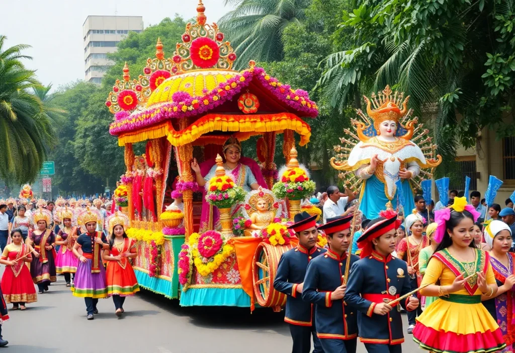 A vibrant Fiesta San Antonio parade showcasing colorful floats and costumes.
