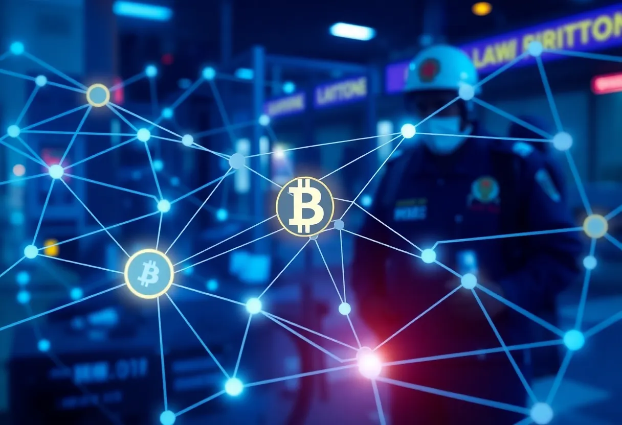 Digital network depicting cryptocurrency transactions connected to law enforcement agency.