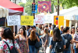 Outdoor arts festival featuring local art displays and protesting employees