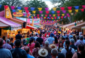 Crowd enjoying Tejano music festival with food stalls in San Antonio