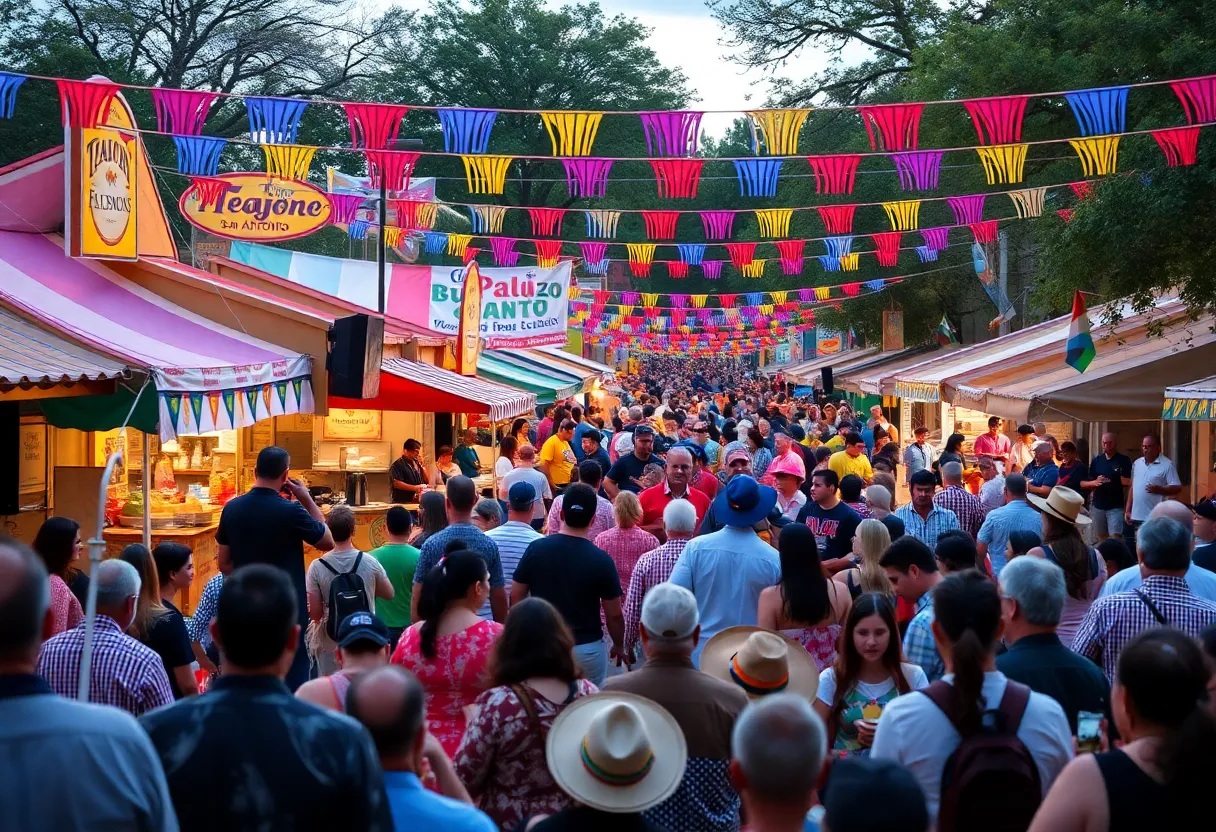 Crowd enjoying Tejano music festival with food stalls in San Antonio
