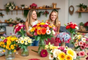 Participants engaged in a bouquet-making class during Galentine's Day celebrations in San Antonio.