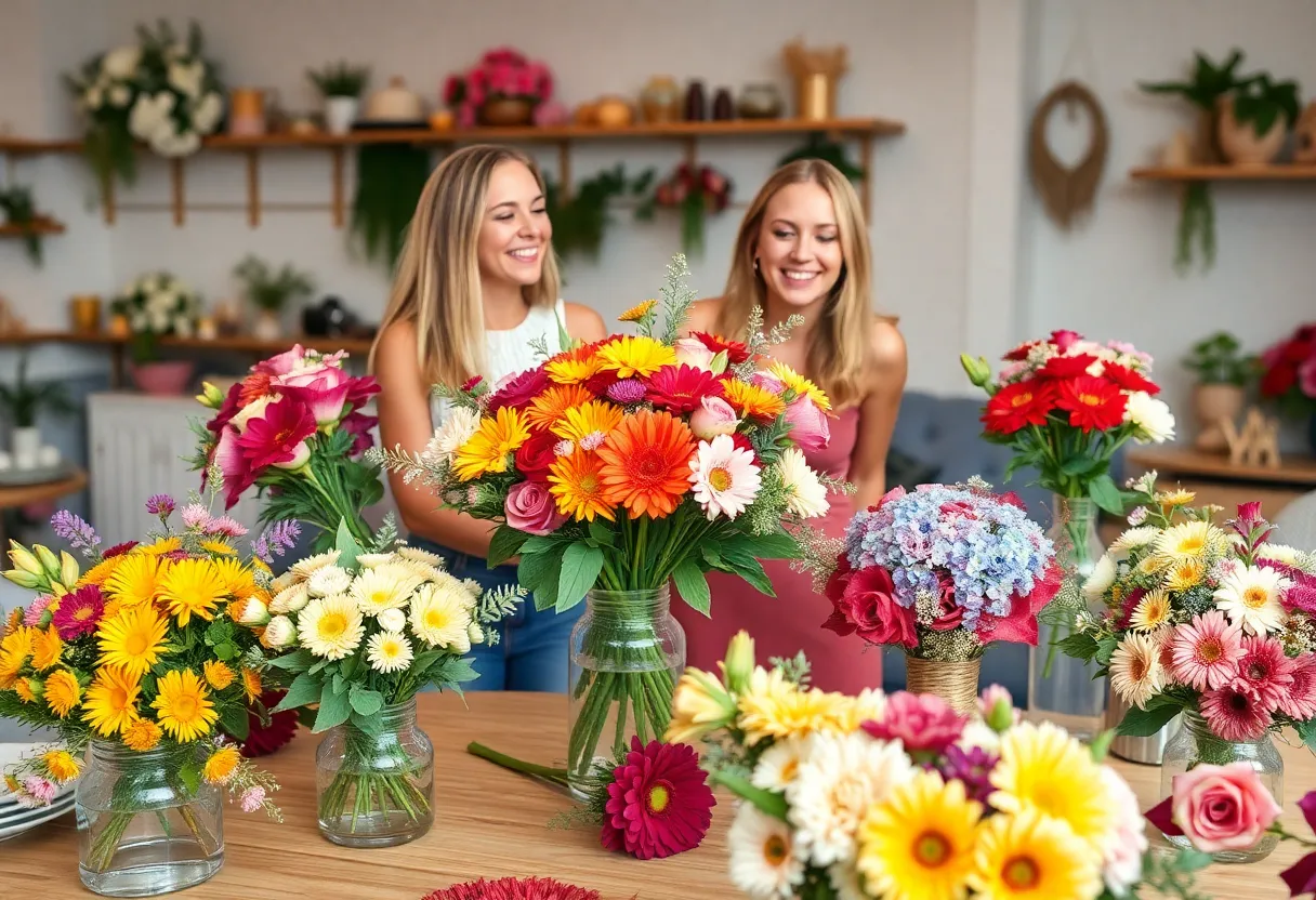 Participants engaged in a bouquet-making class during Galentine's Day celebrations in San Antonio.