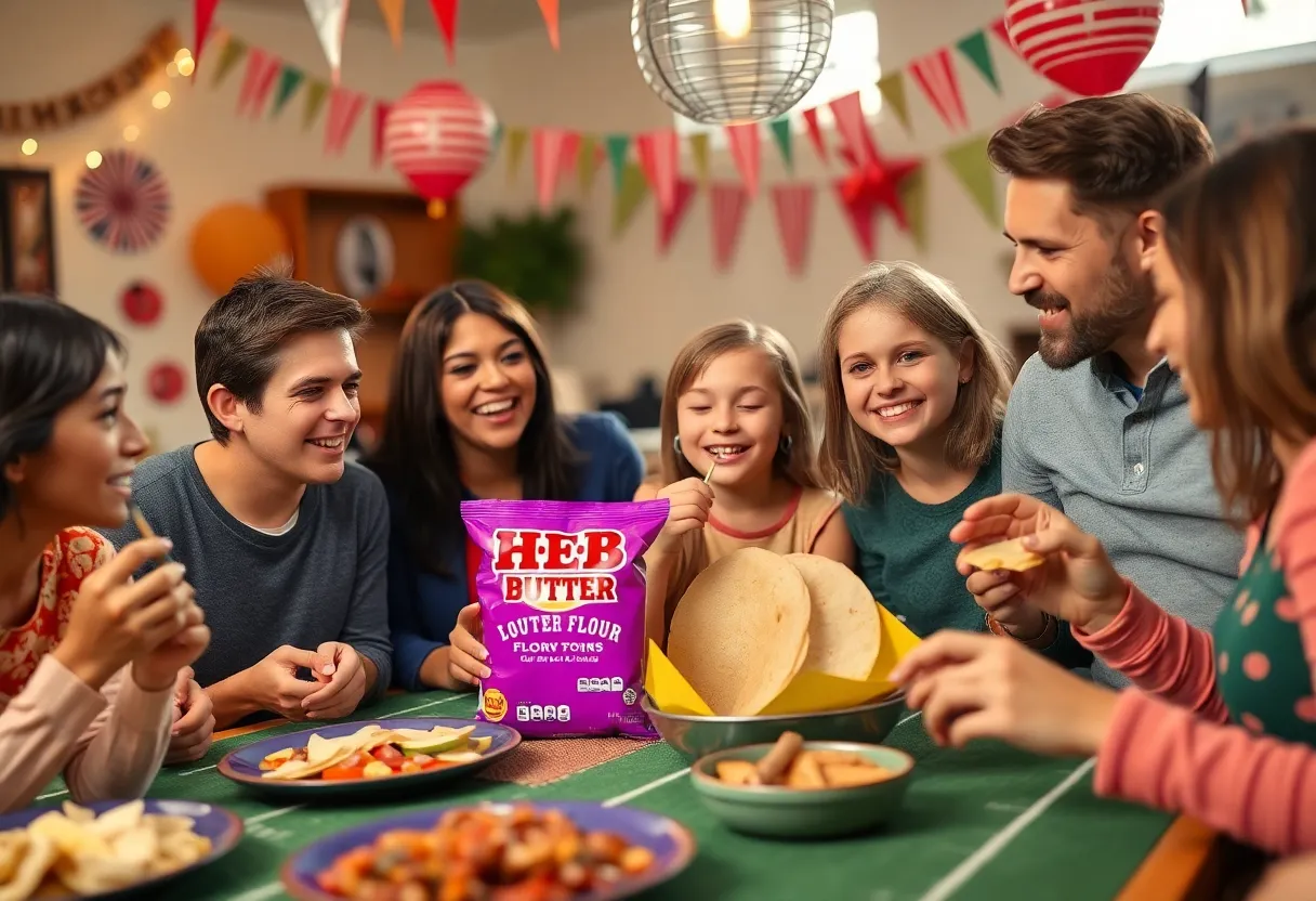 Family at Super Bowl party eating H-E-B butter flour tortillas