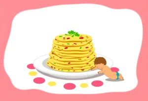 A baby crawling towards a plate of tortillas in a warm home setting.