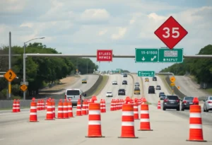 I-35 highway in San Antonio showing construction signs and traffic cones