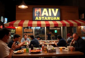 Customers dining at Jim's Restaurants during nighttime.