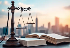 Symbol of justice with law books and city skyline
