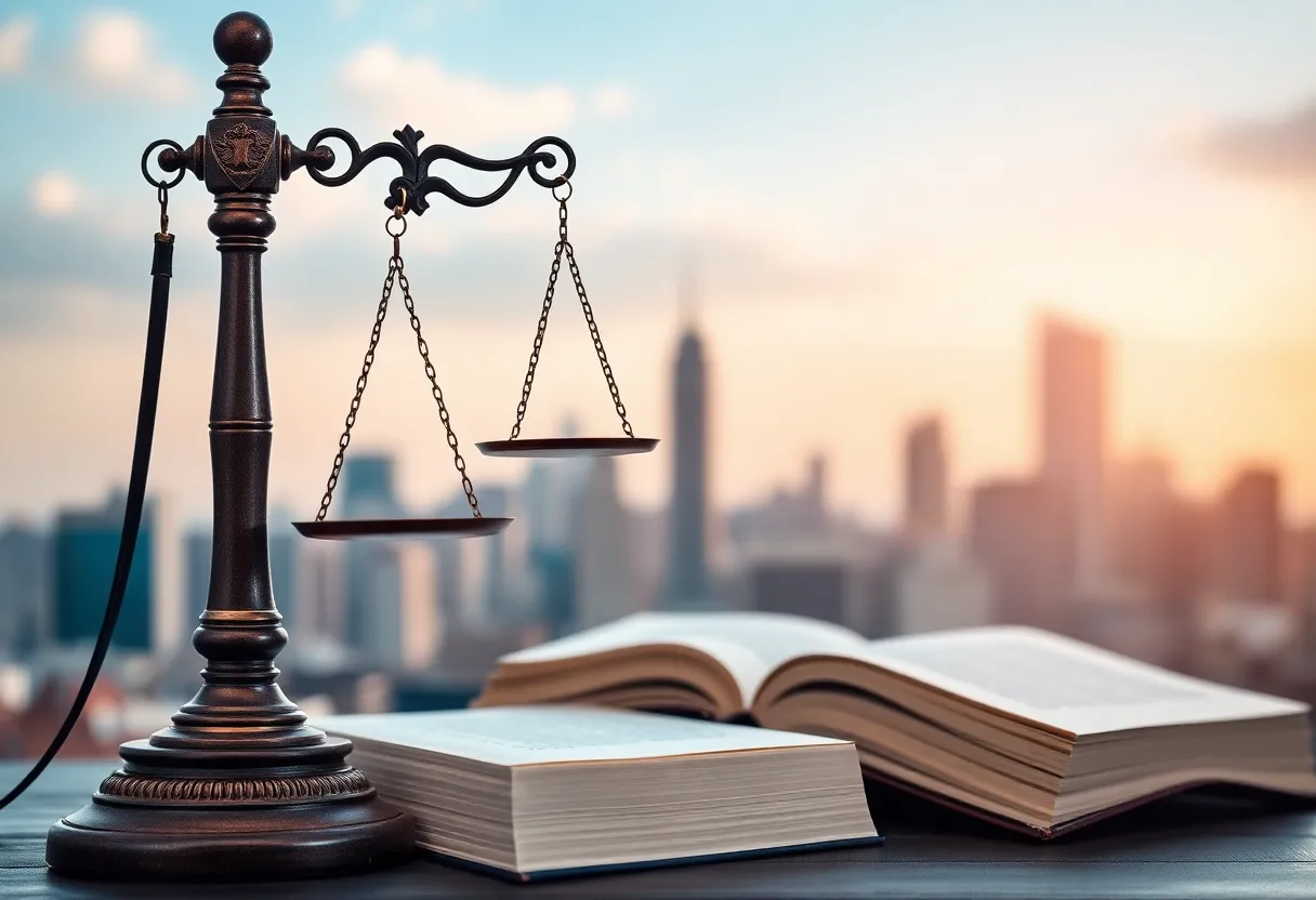 Symbol of justice with law books and city skyline