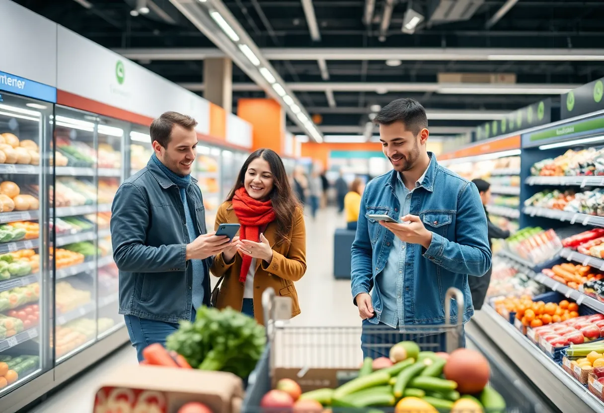 Grocery store shoppers interacting with digital displays