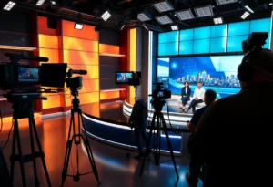 Inside view of the KSAT-TV newsroom with modern broadcast equipment.