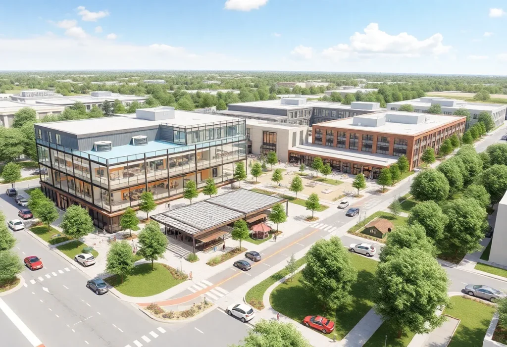 A vibrant mixed-use development at Kyle Park in Texas featuring shopping, dining, and residential spaces.