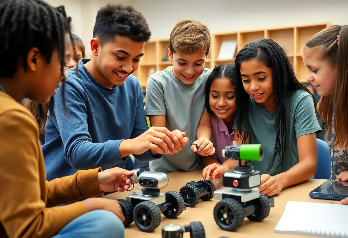 Diverse students working together on robotics project