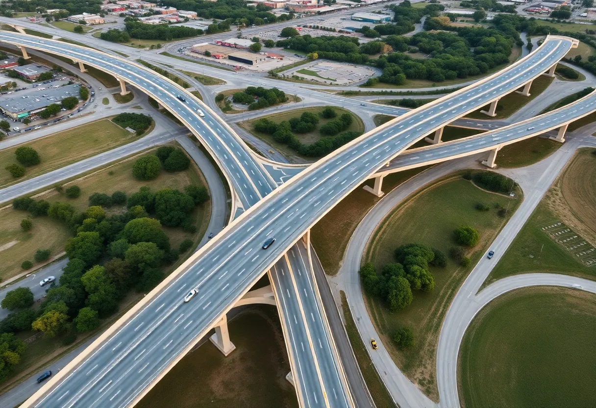 Aerial view of the Loop 1604 and I-10 interchange with the new flyover ramp in San Antonio.