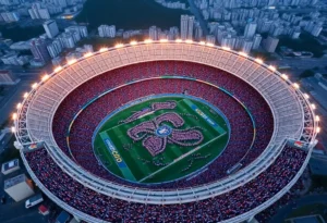 Aerial view of Maracanã Stadium filled with fans for the NFL announcement.