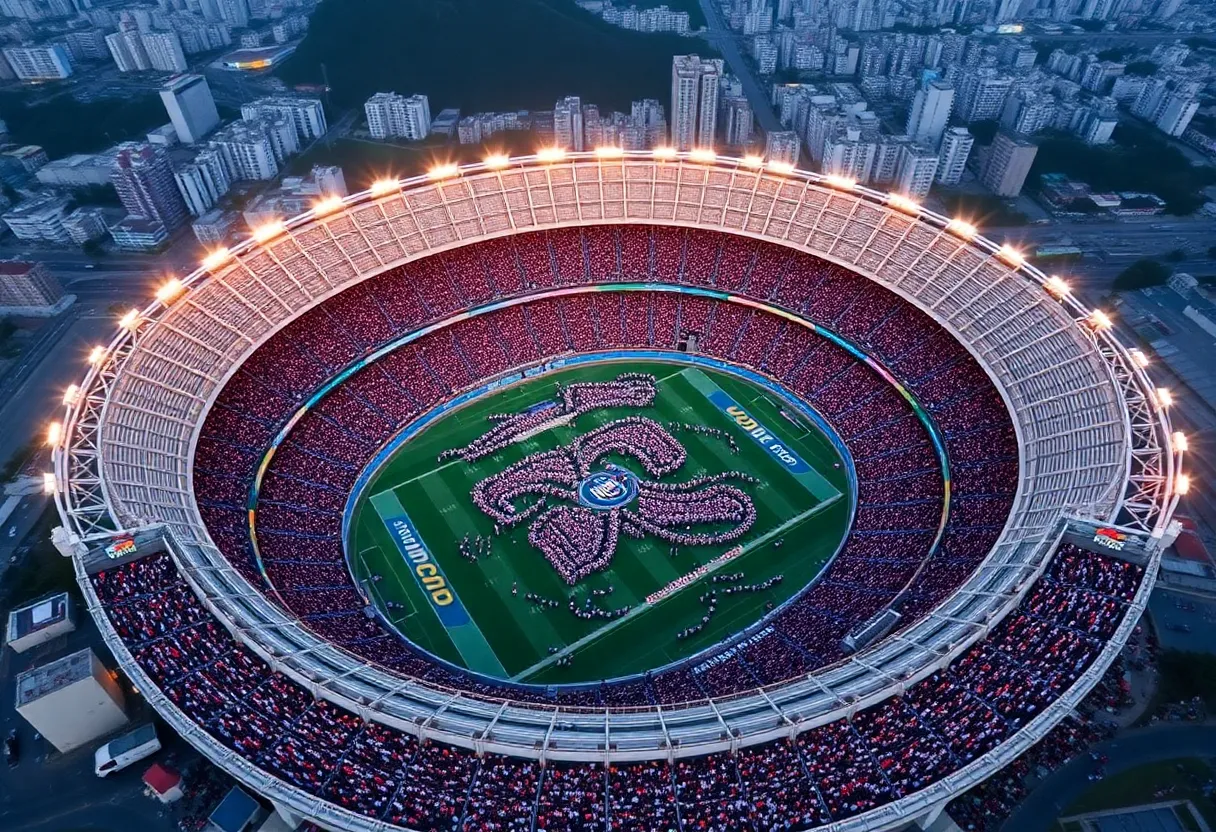Aerial view of Maracanã Stadium filled with fans for the NFL announcement.