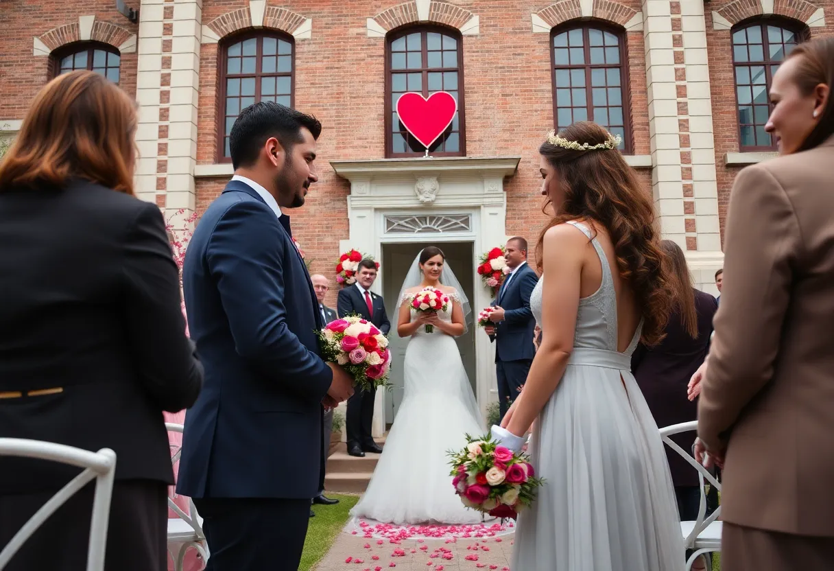 Couples exchanging vows during a mass wedding ceremony at Bexar County Courthouse
