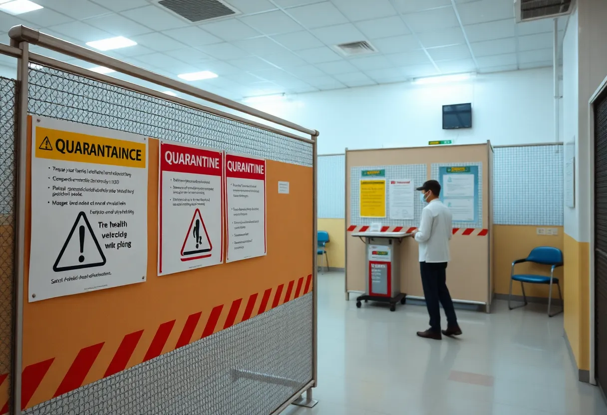 Quarantine facility with health warnings about measles outbreak