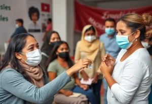 Public health campaign promoting measles vaccination with diverse individuals