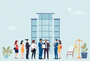 Graphic representation of a law firm expansion with diverse professionals.