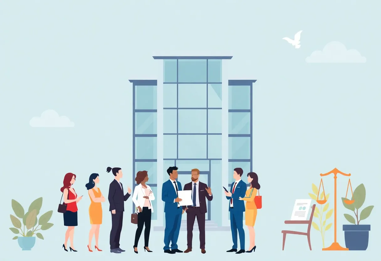 Graphic representation of a law firm expansion with diverse professionals.