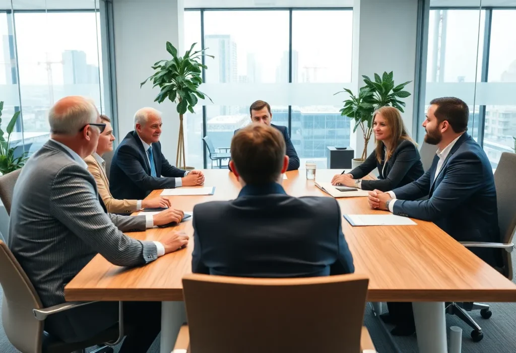 Energy leaders discuss sustainable practices at a meeting.