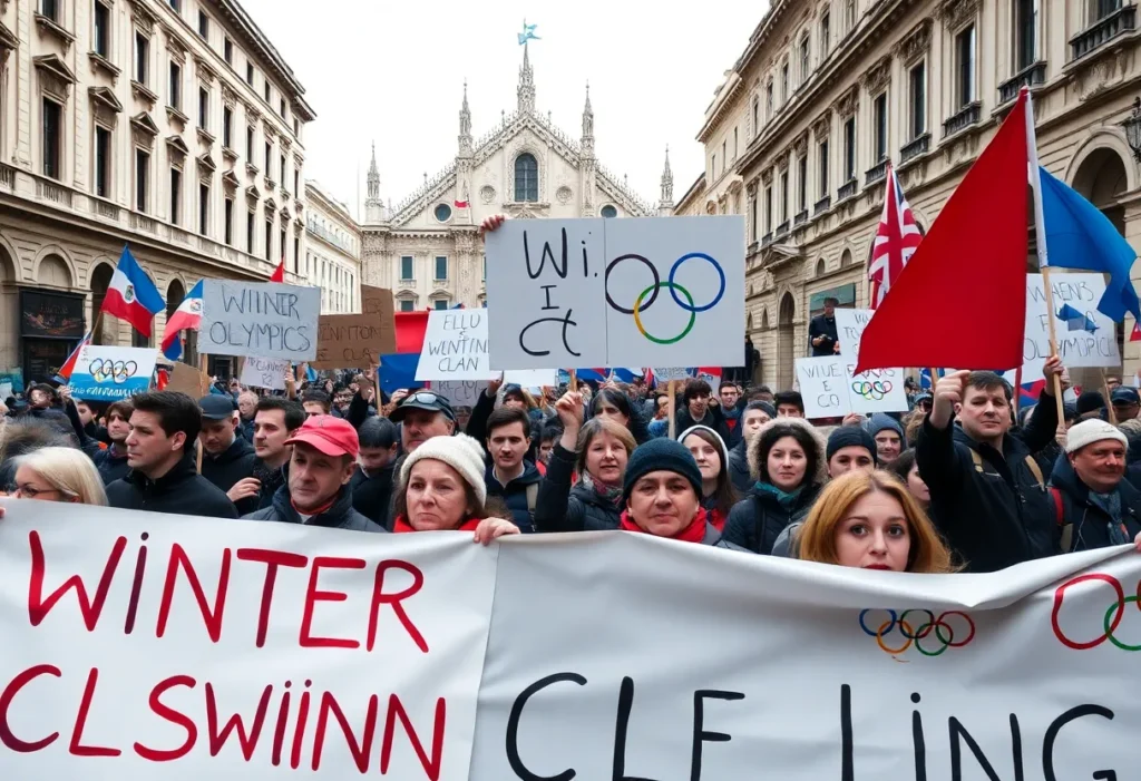 Crowd protesting against the Winter Olympics in Milan