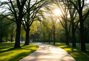 A peaceful park scene depicting community efforts in search of a missing woman