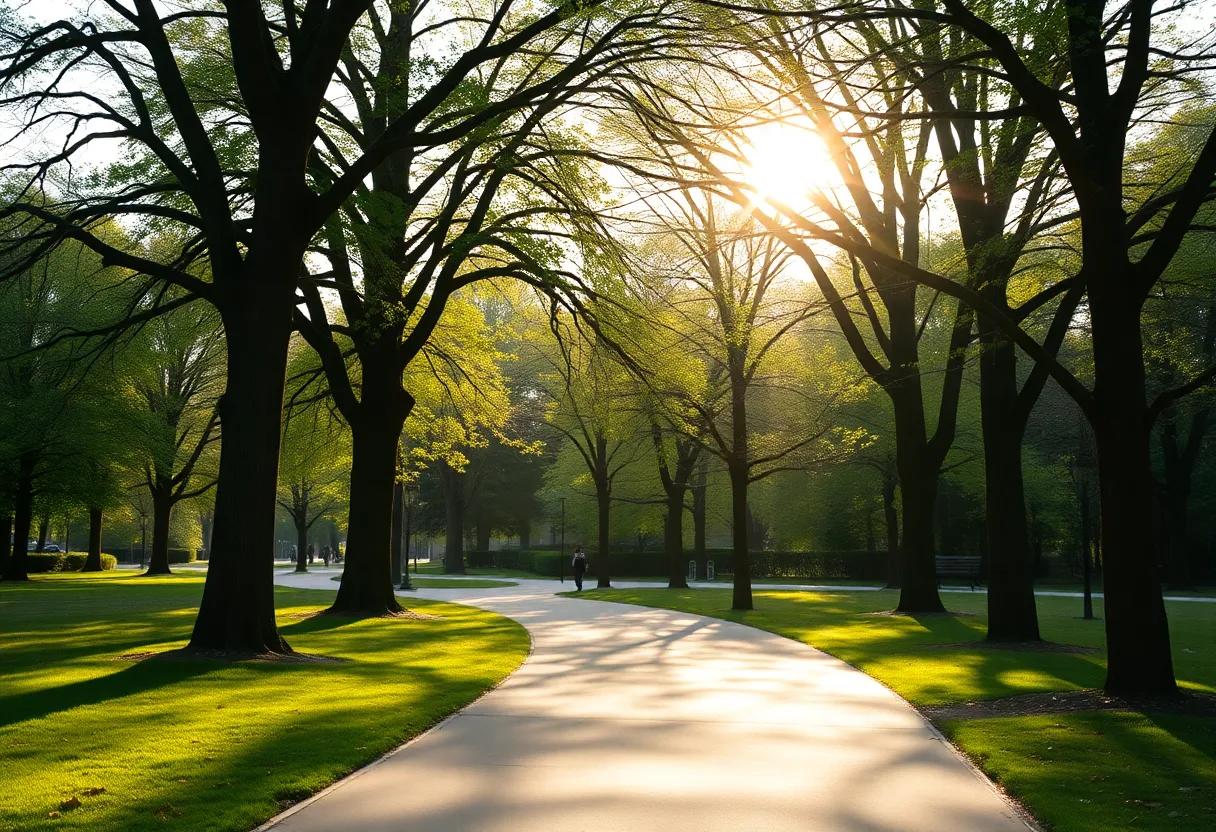 A peaceful park scene depicting community efforts in search of a missing woman