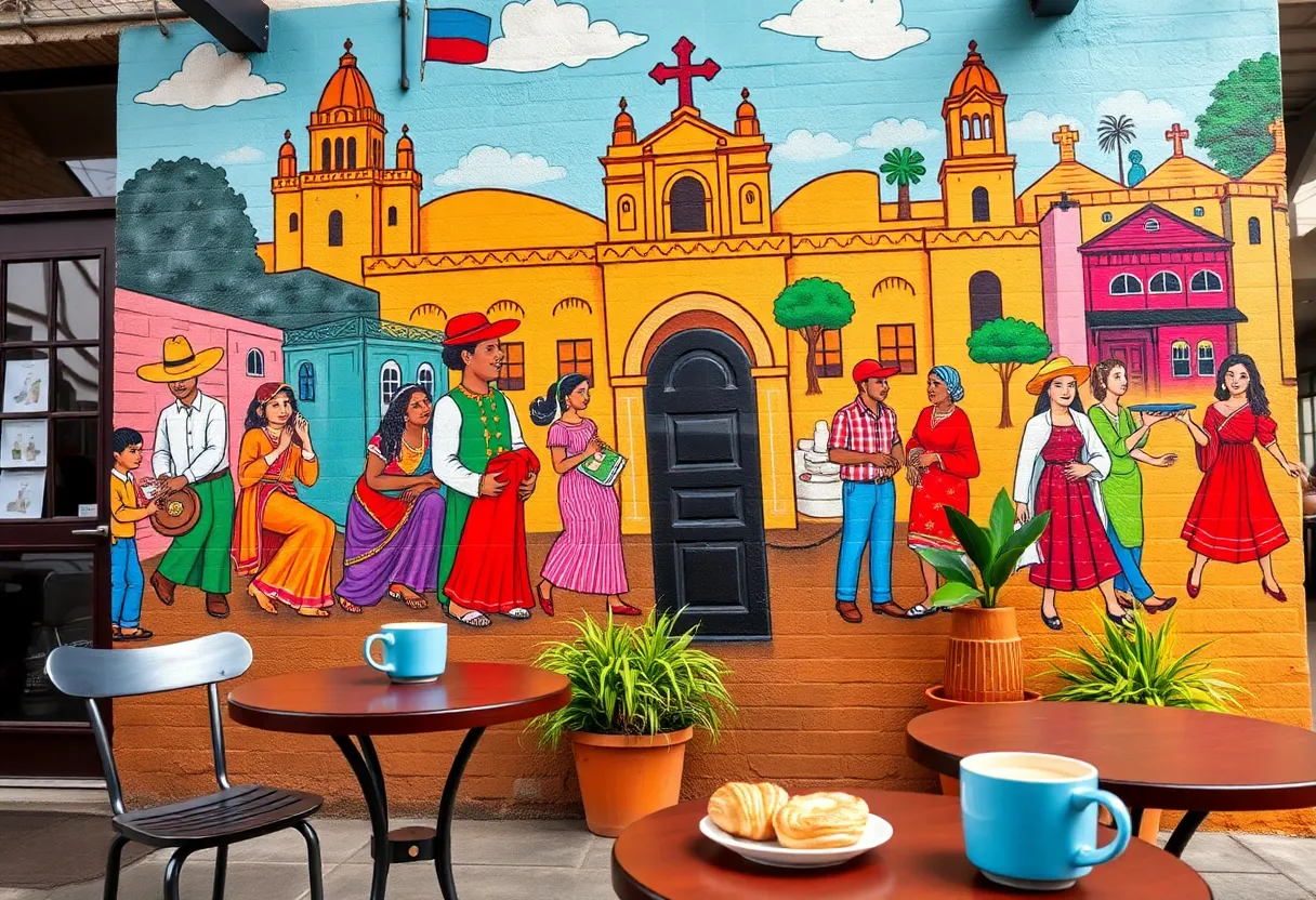 Exterior view of Mural Roasters showcasing a vibrant mural and outdoor seating