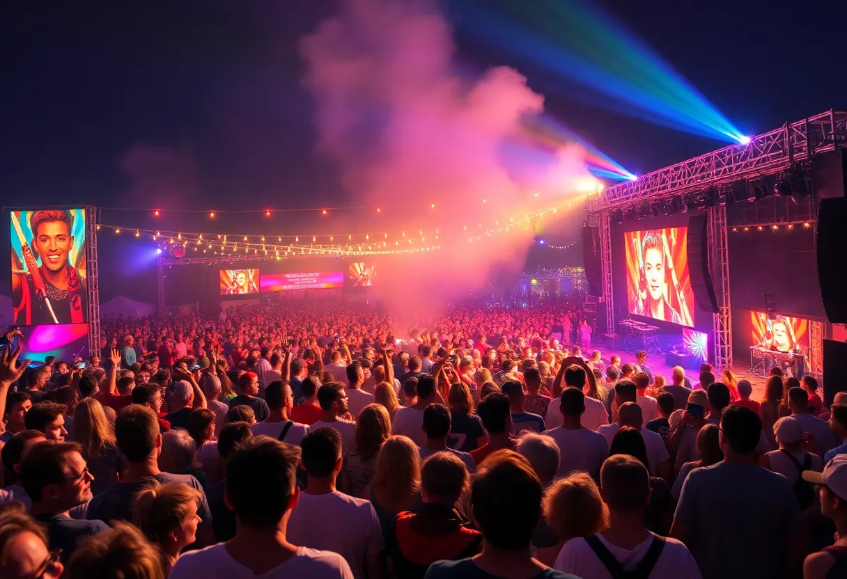 Image showcasing a diverse crowd at a music festival with performers on stage.