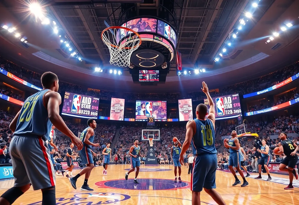 Dynamic scene of an NBA All-Star Game in progress