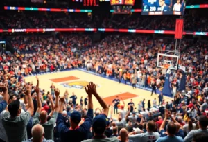 A vibrant scene from an NBA All-Star game with fans in the stands.