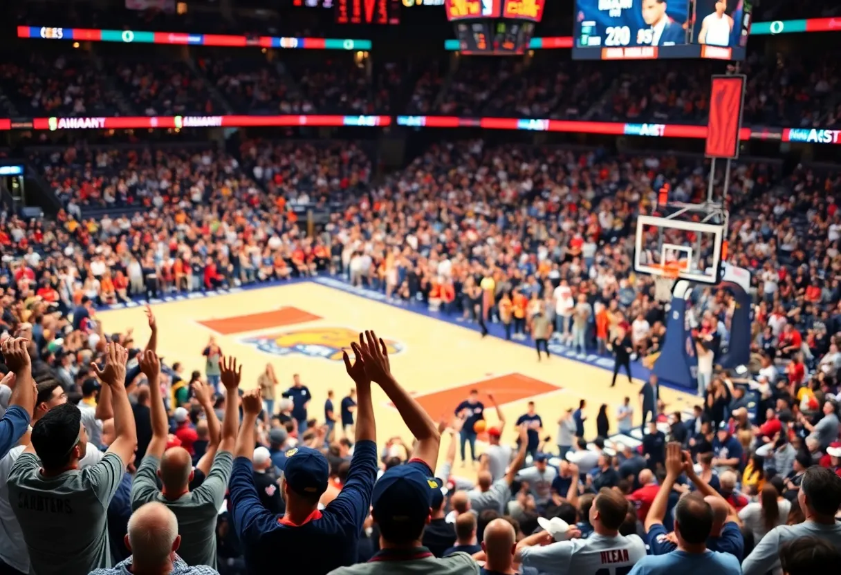 A vibrant scene from an NBA All-Star game with fans in the stands.