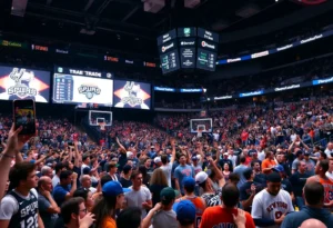 Fans at an NBA game reacting to trade news.