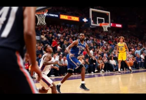 Players in an NBA game, showcasing basketball action.