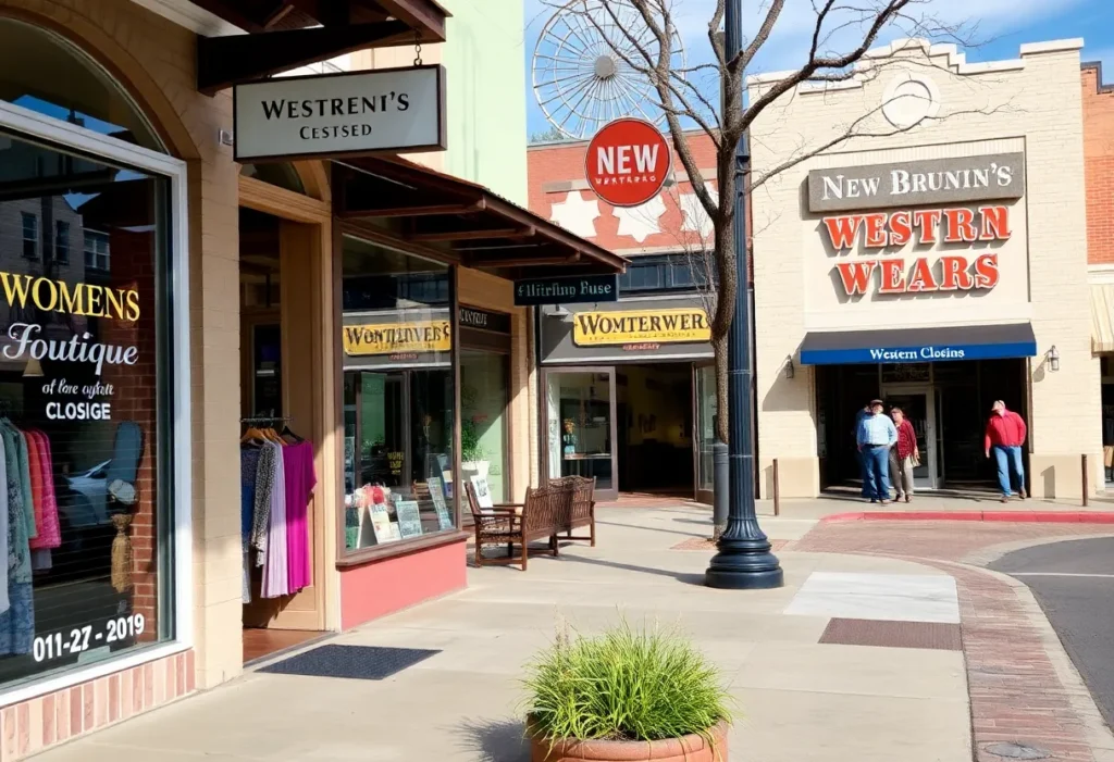 A street view highlighting the closure of a women's clothing boutique and the opening of a Western wear store in New Braunfels.