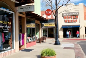 A street view highlighting the closure of a women's clothing boutique and the opening of a Western wear store in New Braunfels.