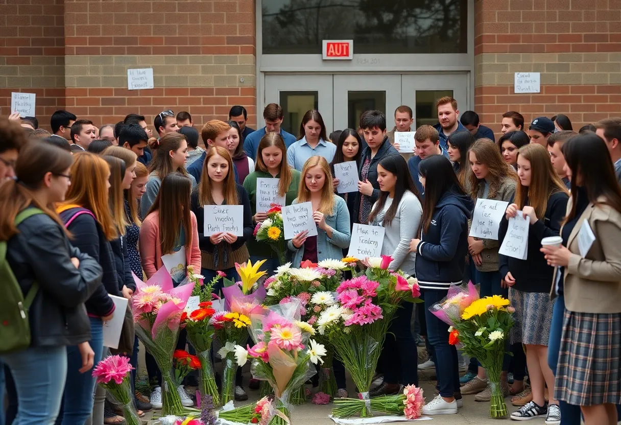 High school students and staff gather in mourning at Northside ISD, surrounded by flowers.
