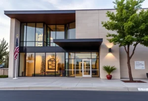 Modern office building housing OGK Kabuto headquarters in New Braunfels, Texas.