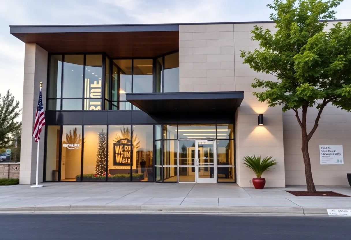 Modern office building housing OGK Kabuto headquarters in New Braunfels, Texas.