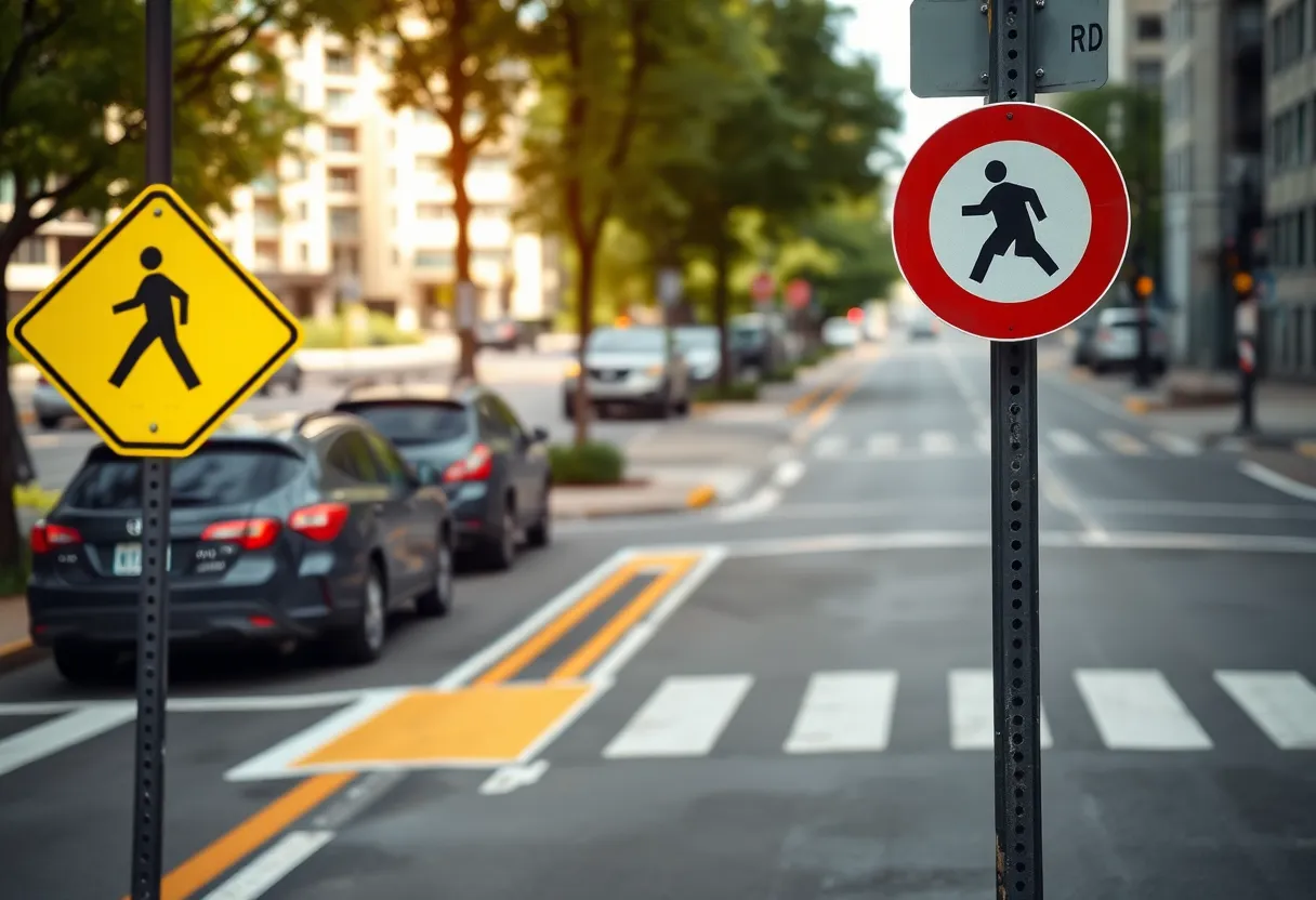 Urban street scene highlighting safety issues for pedestrians.