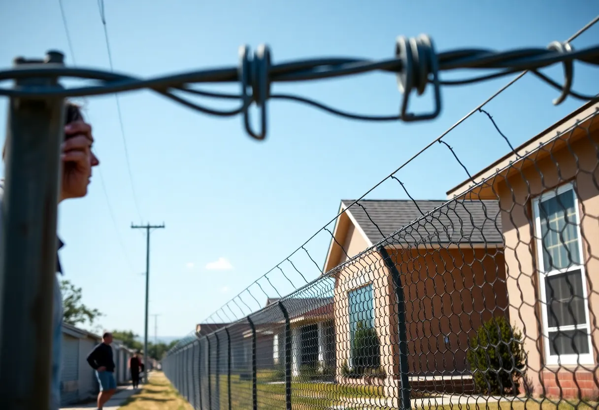 Military-grade razor wire fence adjacent to homes in Penitas, Texas