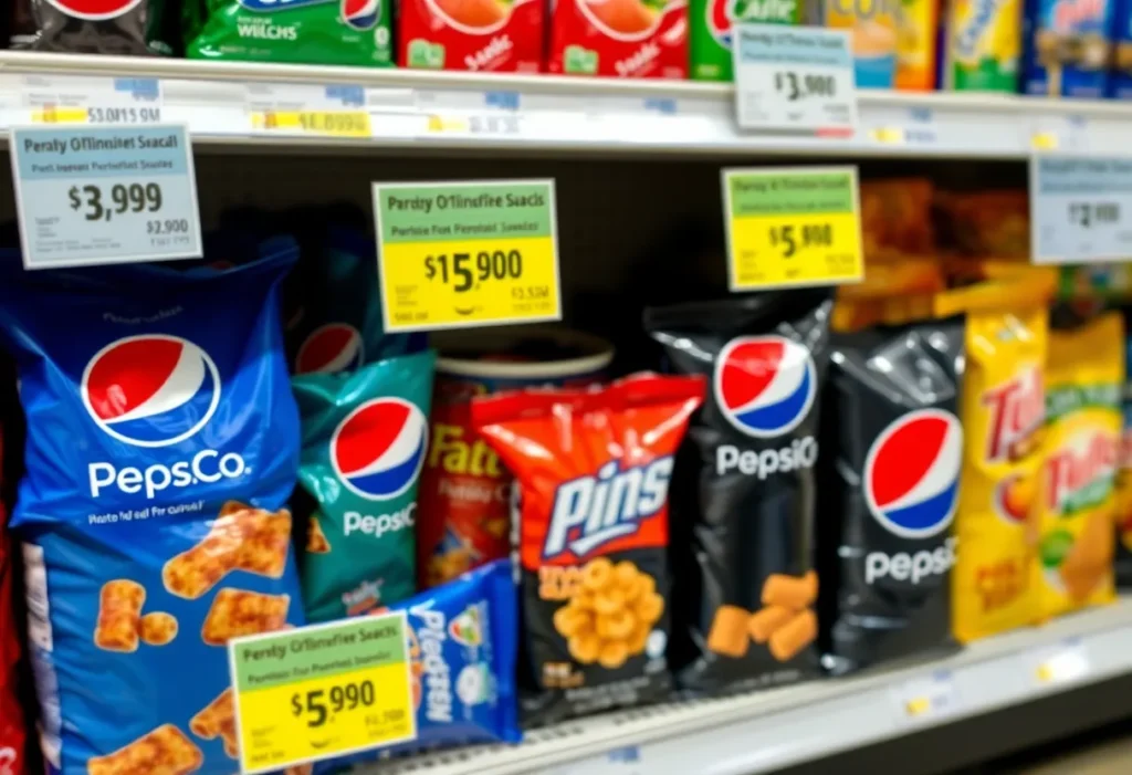 PepsiCo snack products with sale signs highlighting price reductions