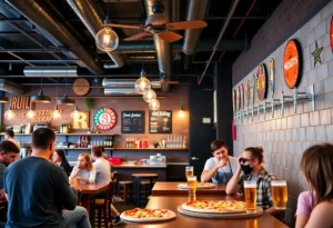 Interior of a Pinthouse Pizza restaurant showcasing customers enjoying artisanal pizzas and craft beer.