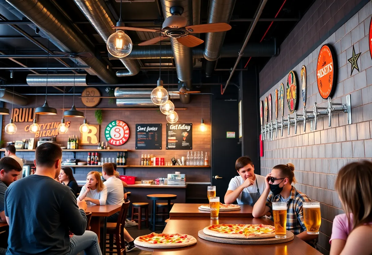 Interior of a Pinthouse Pizza restaurant showcasing customers enjoying artisanal pizzas and craft beer.