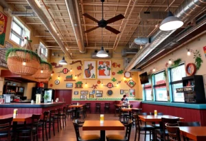 Interior view of Pinthouse Pizza restaurant in San Antonio, showcasing family-friendly dining area.