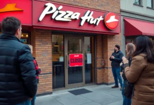 Closed Pizza Hut restaurant sign with concerned customers
